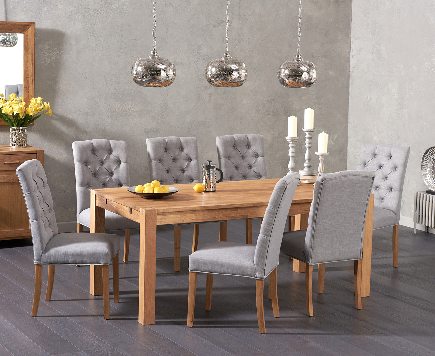 Product photograph of Thetford 180cm Solid Oak Dining Table With 6 Natural Isabella Chairs from Oak Furniture Superstore