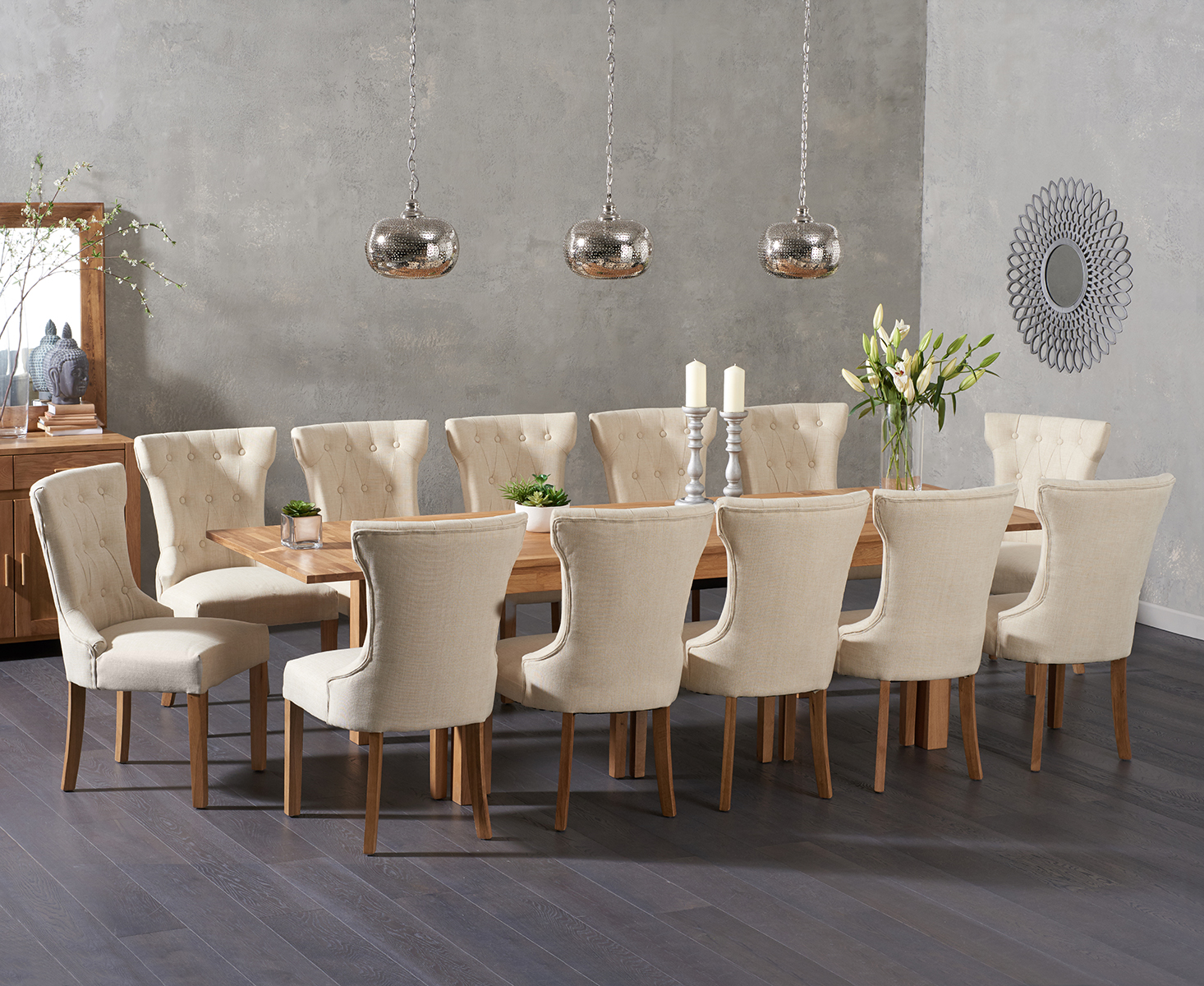 Product photograph of Thetford 180cm Oak Dining Table With 6 Natural Clara Chairs With Thetford 45cm Oak Extensions from Oak Furniture Superstore