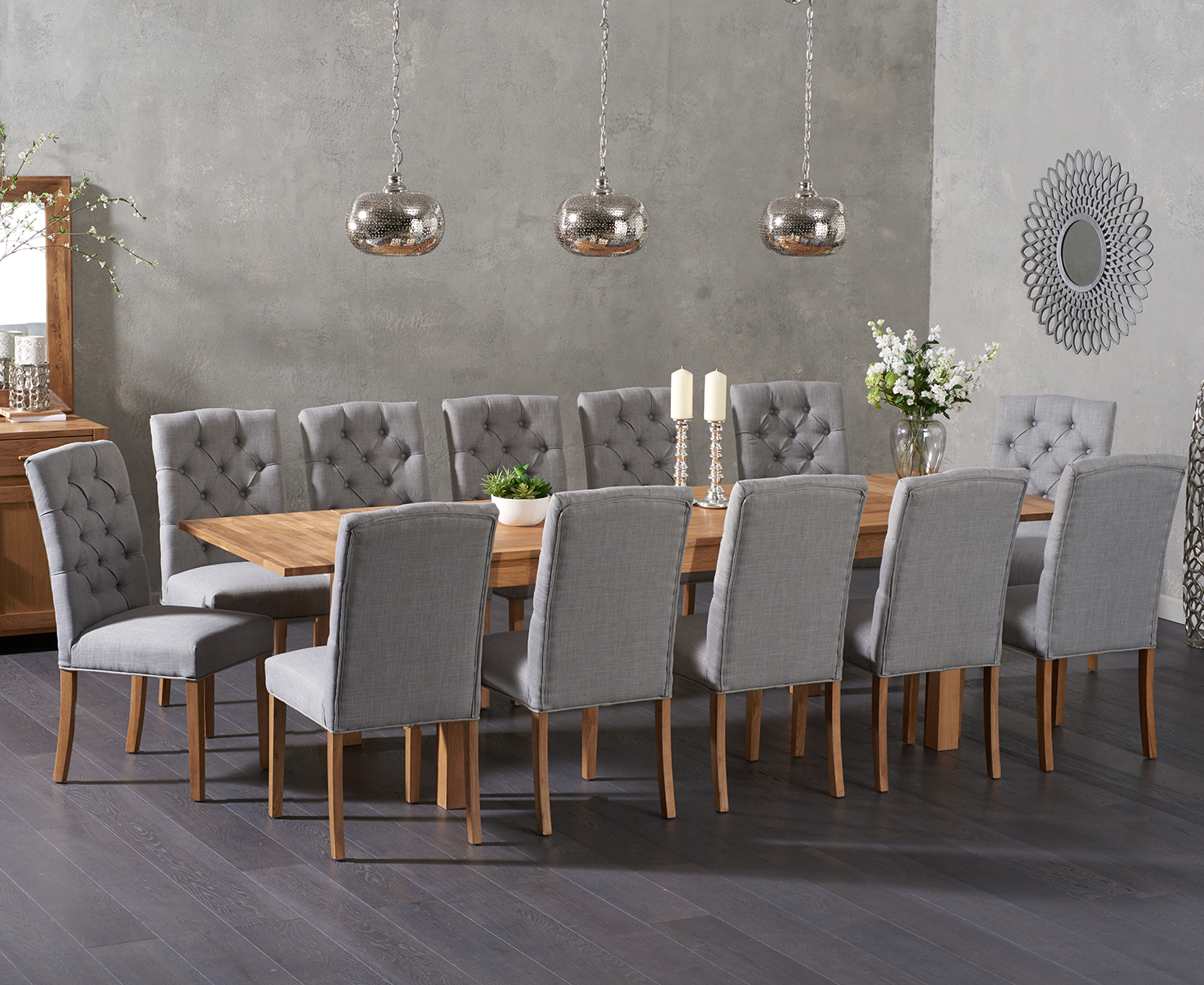 Product photograph of Extending Thetford 180cm Solid Oak Dining Table With 8 Grey Isabella Fabric Chairs from Oak Furniture Superstore
