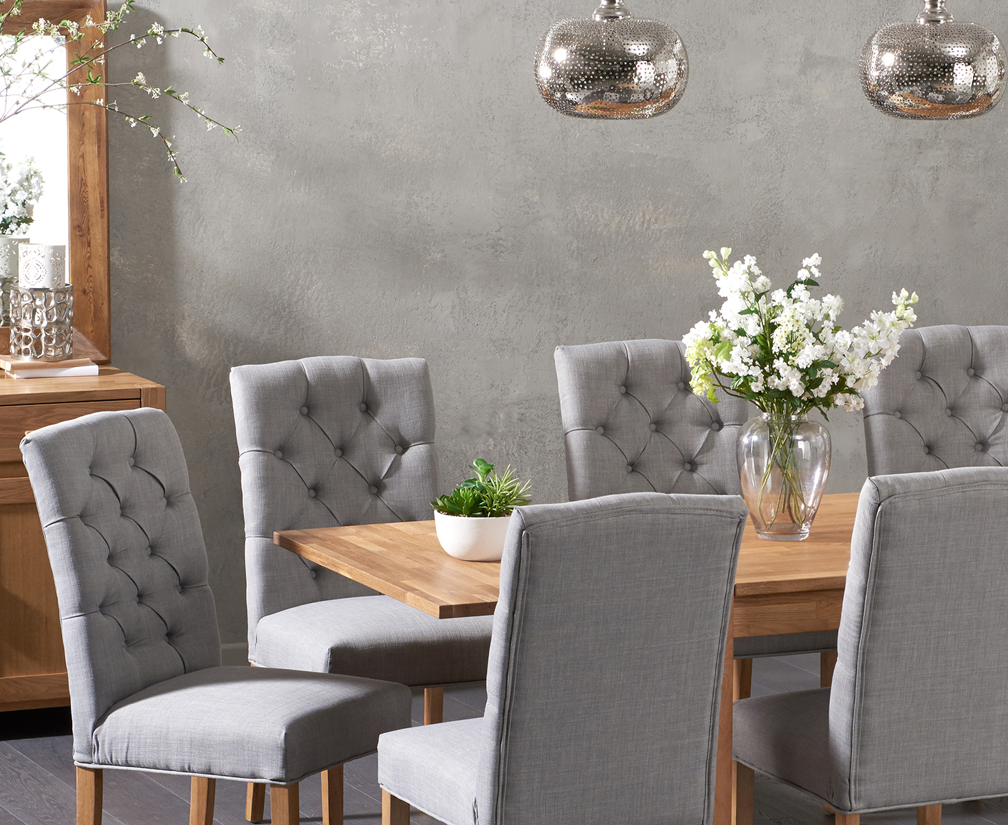 Photo 1 of Extending thetford 180cm solid oak dining table with 8 grey isabella fabric chairs