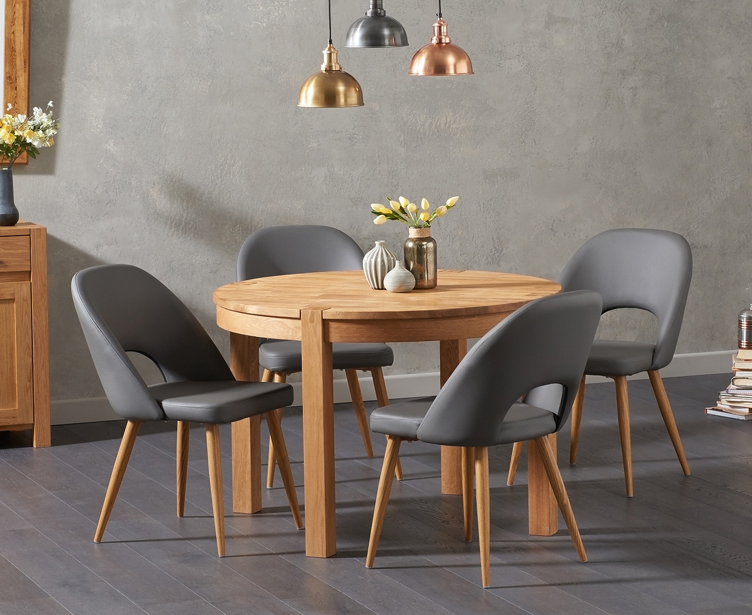 Product photograph of Thetford 110cm Oak Round Dining Table With 4 Grey Hudson Faux Leather Chairs from Oak Furniture Superstore