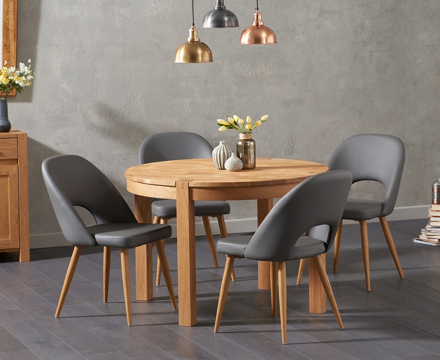 Thetford 110cm Oak Round Dining Table With 4 Grey Hudson Faux Leather Chairs