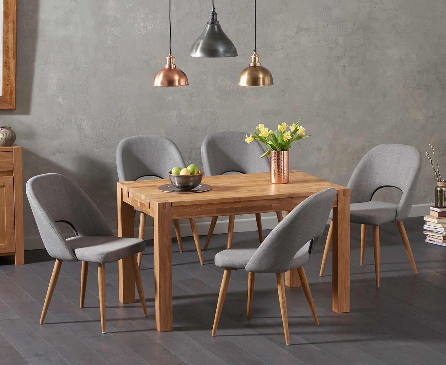 Thetford 120cm Solid Oak Dining Table With 4 Grey Hudson Fabric Chairs
