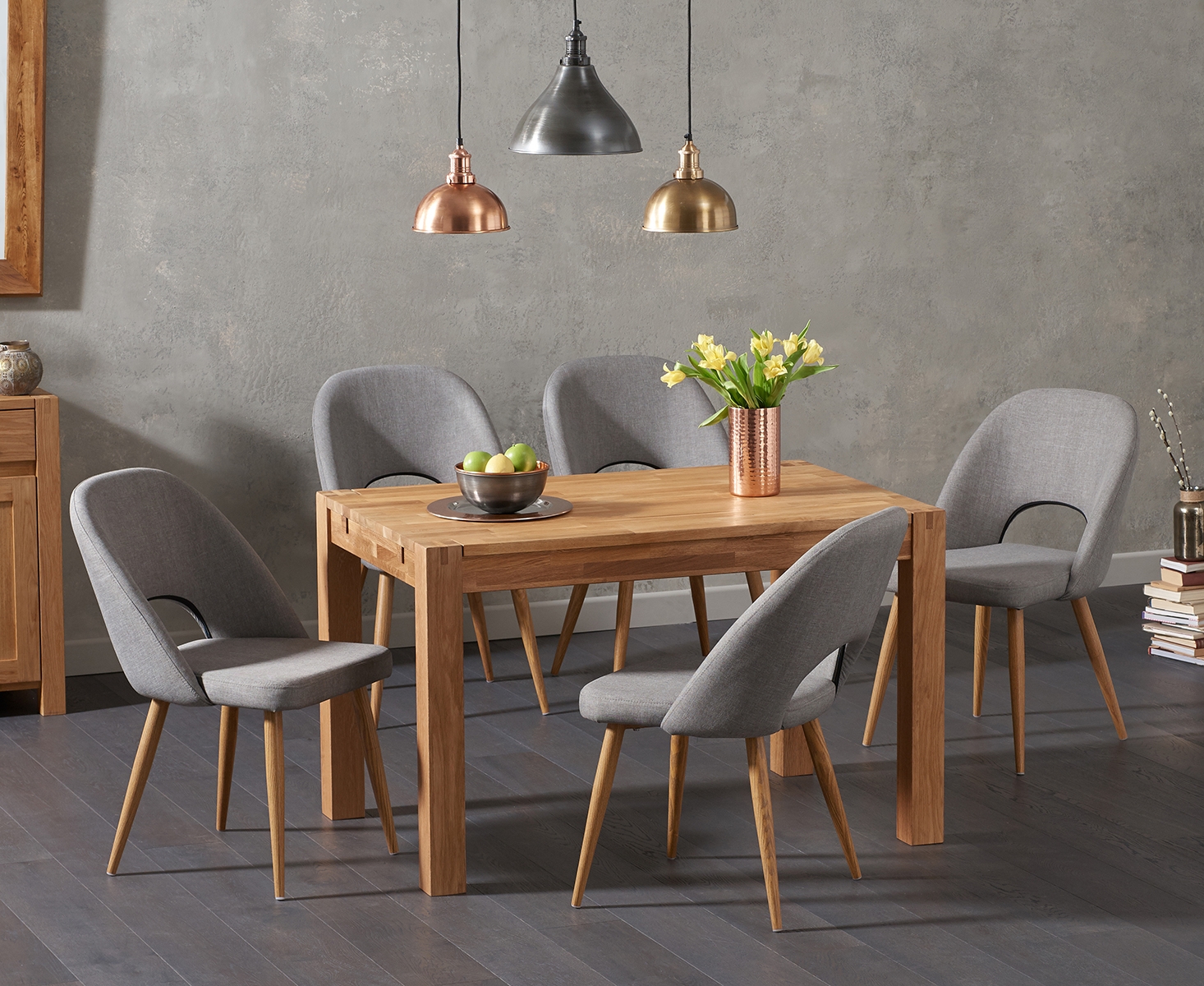 Thetford 120cm Oak Dining Table With 4 Grey Halifax Chairs