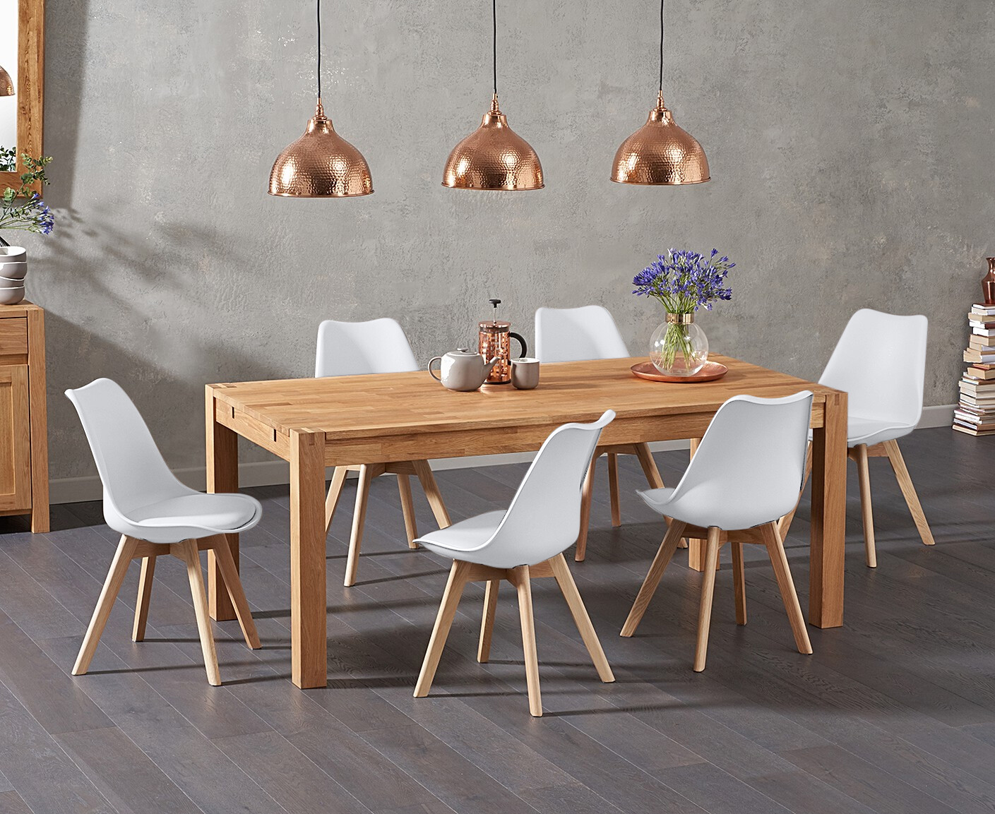 Product photograph of Thetford 150cm Oak Dining Table With 8 White Orson Chairs from Oak Furniture Superstore