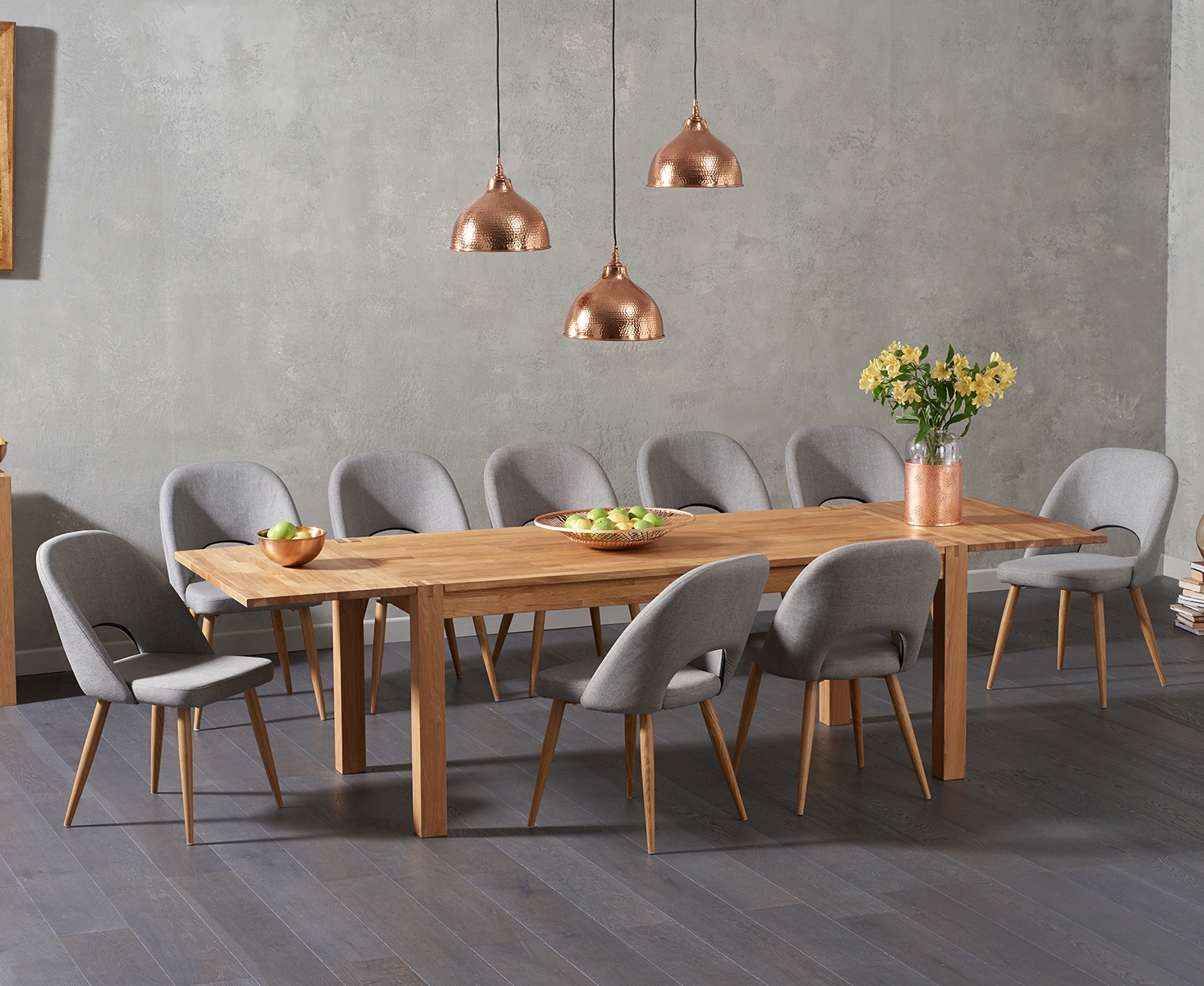 Thetford 180cm Oak Dining Table With 6 Grey Halifax Chairs With Thetford 45cm Oak Extensions