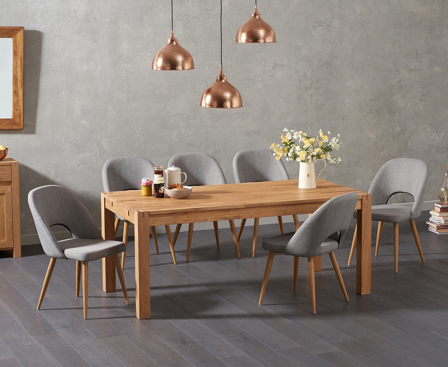 Product photograph of Thetford 180cm Solid Oak Dining Table With 8 Grey Hudson Fabric Chairs from Oak Furniture Superstore