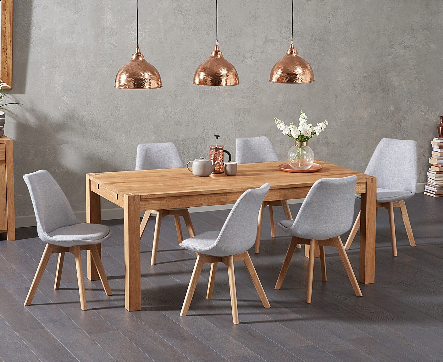 Extending Verona 150cm Solid Oak Dining Table With 6 Light Grey Orson Fabric Chairs