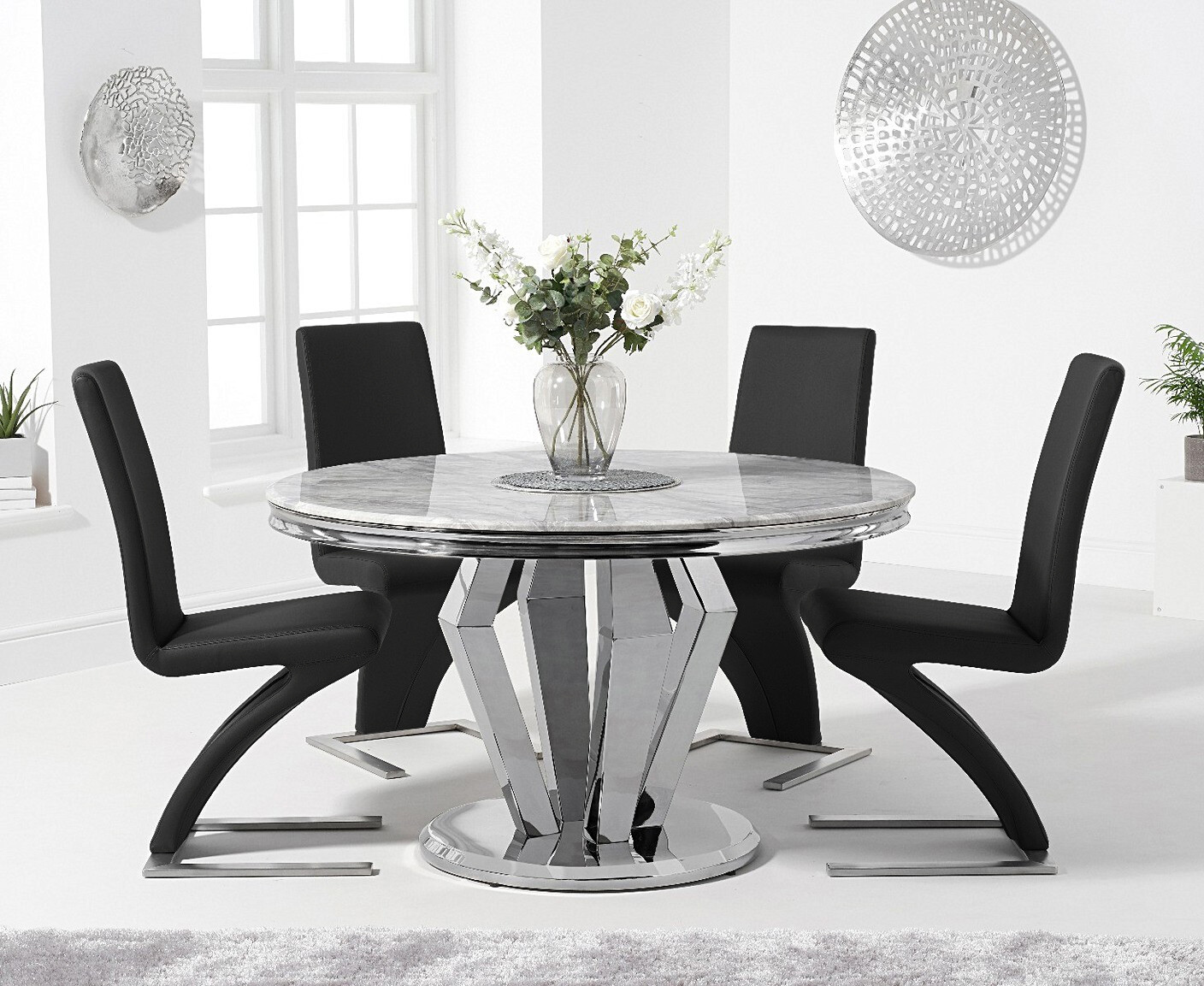 Product photograph of Viscount 130cm Round Marble Dining Table With 6 Black Aldo Chairs from Oak Furniture Superstore