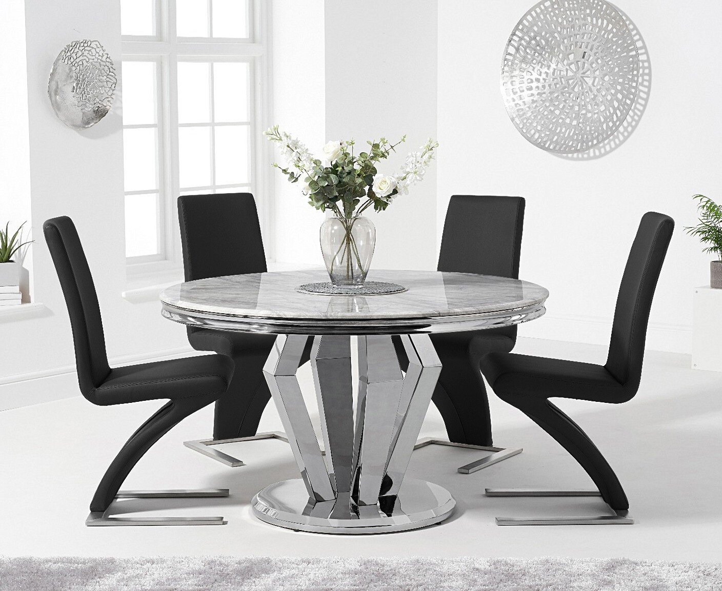 Viscount 130cm Round Marble Dining Table With 4 Black Aldo Chairs