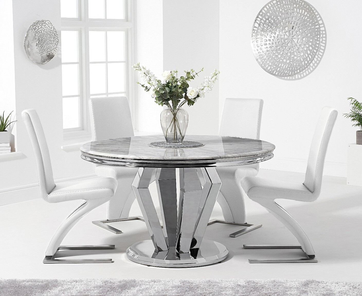 Product photograph of Viscount 130cm Round Marble Dining Table With 4 White Aldo Chairs from Oak Furniture Superstore