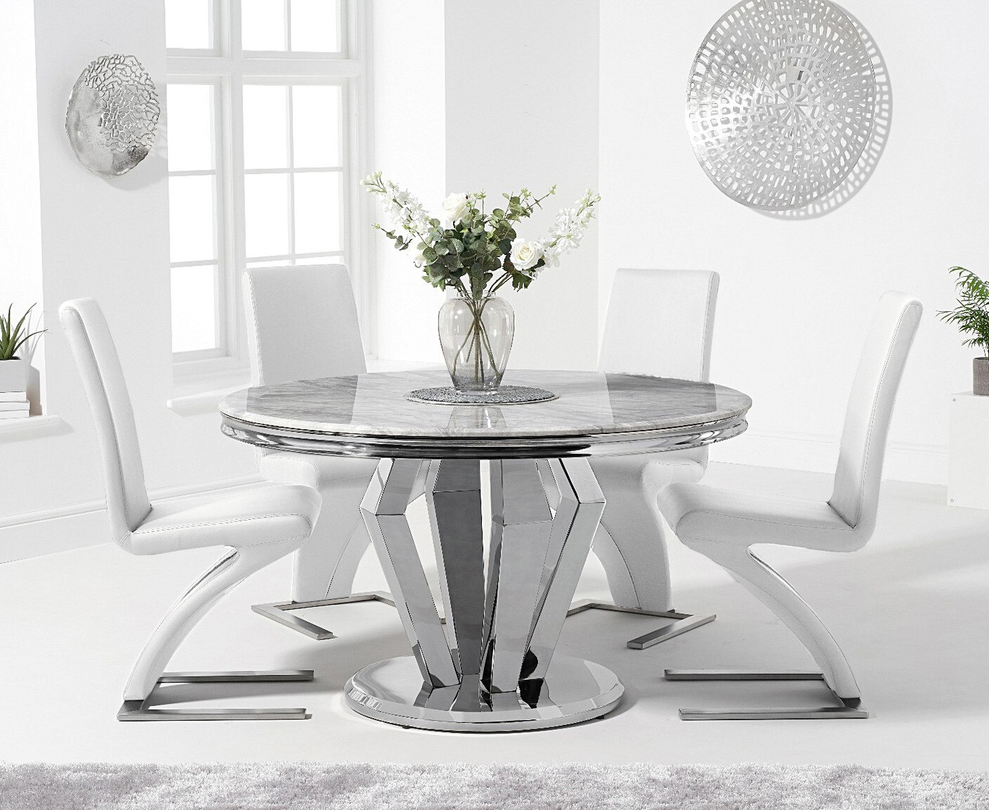 Viscount 130cm Round Marble Dining Table With 6 White Aldo Chairs