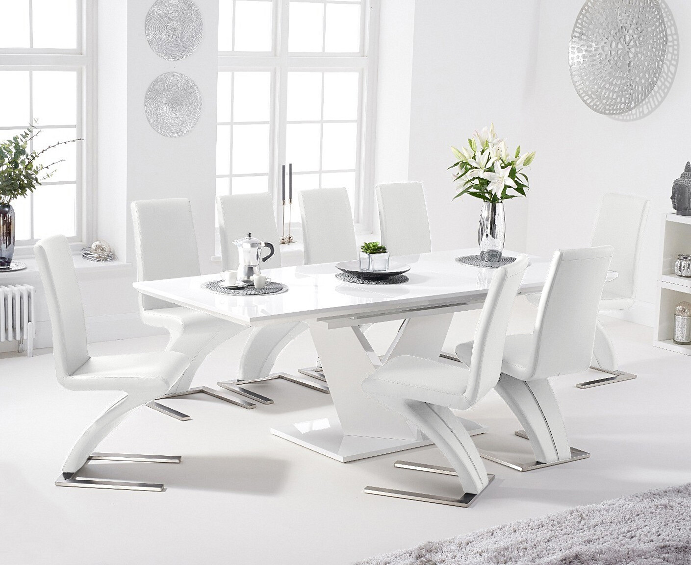 Product photograph of Extending Vittorio 160cm White High Gloss Dining Table With 4 White Aldo Faux Leather Chairs from Oak Furniture Superstore