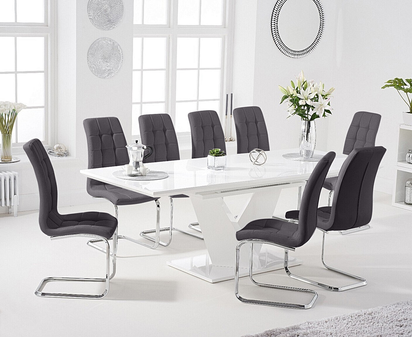 Extending Vittorio 160cm White High Gloss Dining Table With 6 Grey Vigo Chairs