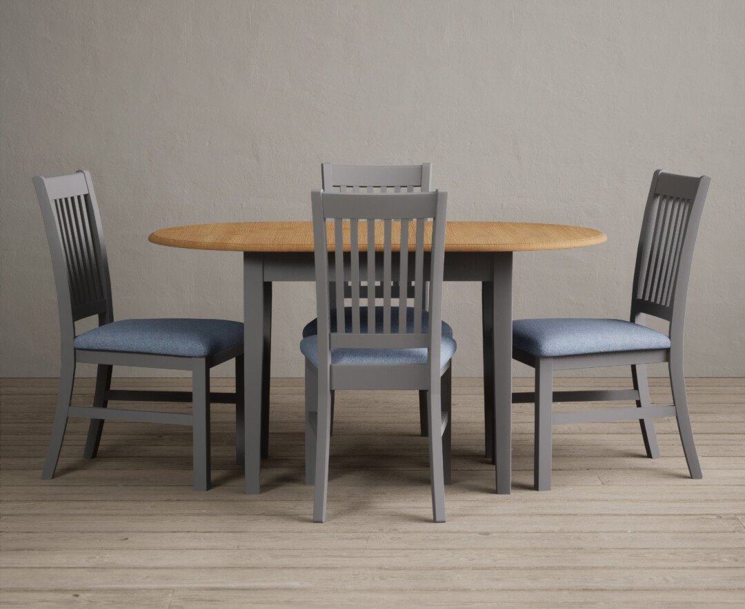 Extending Warwick Oak And Light Grey Painted Dining Table With 4 Blue Warwick Chairs