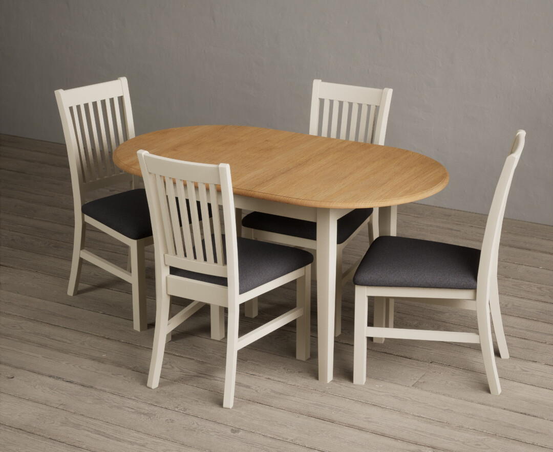 Photo 3 of Extending warwick oak and cream painted dining table with 4 linen warwick chairs