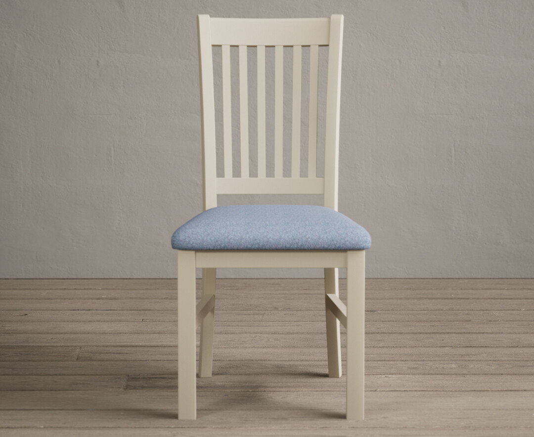 Photo 3 of Warwick cream dining chairs with blue fabric seat pad