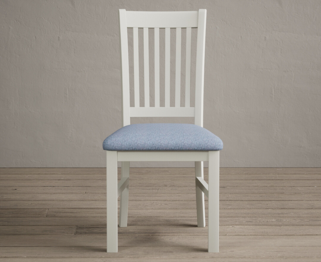 Product photograph of Warwick Signal White Dining Chairs With Blue Fabric Seat Pad from Oak Furniture Superstore
