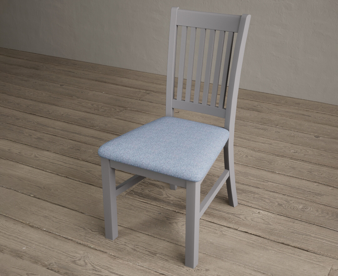 Photo 2 of Warwick light grey dining chairs with blue fabric seat pad