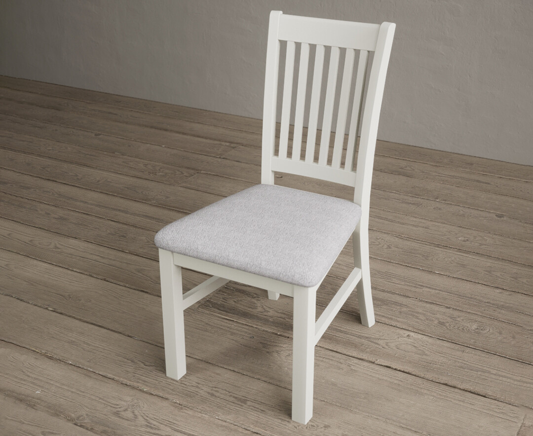 Photo 2 of Warwick signal white dining chairs with light grey fabric seat pad