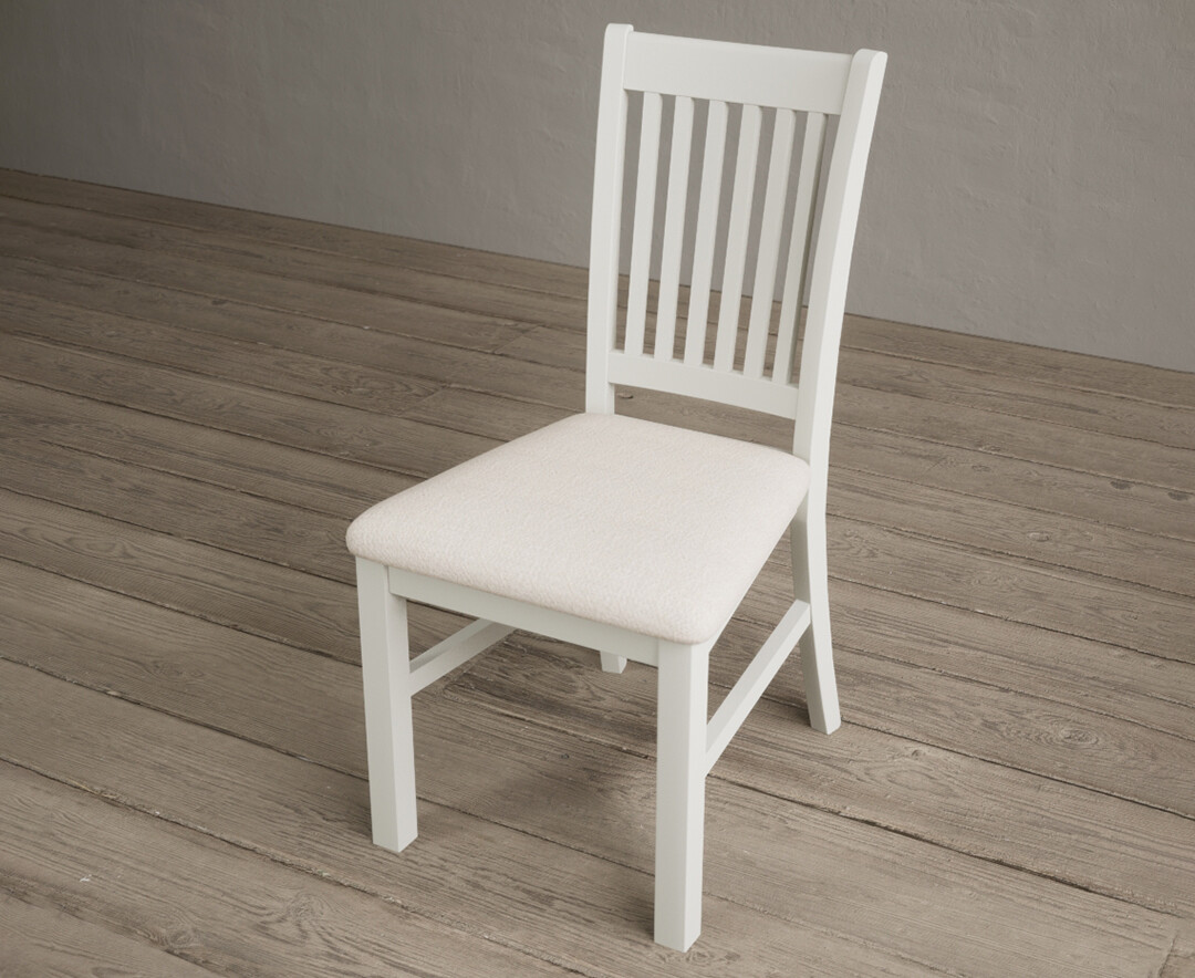 Photo 2 of Warwick signal white dining chairs with linen seat pad