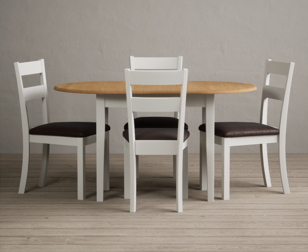 Extending Warwick Oak And Signal White Painted Dining Table With 4 Brown Suede Kendal Chairs