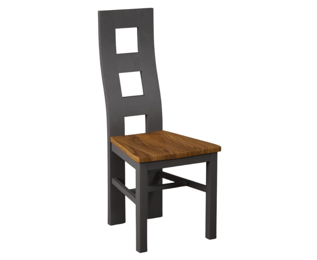 Photo 3 of Painted charcoal grey flow back dining chairs with rustic oak seat pad