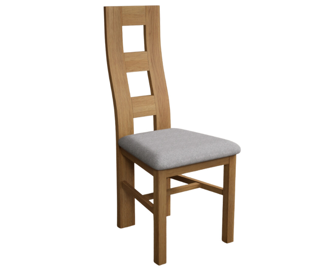 Photo 1 of Natural solid oak flow back dining chairs with light grey fabric seat pad