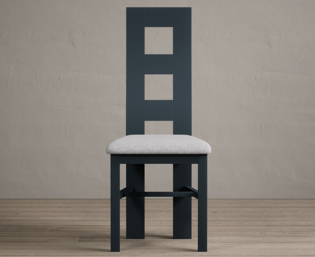 Painted Dark Blue Flow Back Dining Chairs With Light Grey Fabric Seat Pad