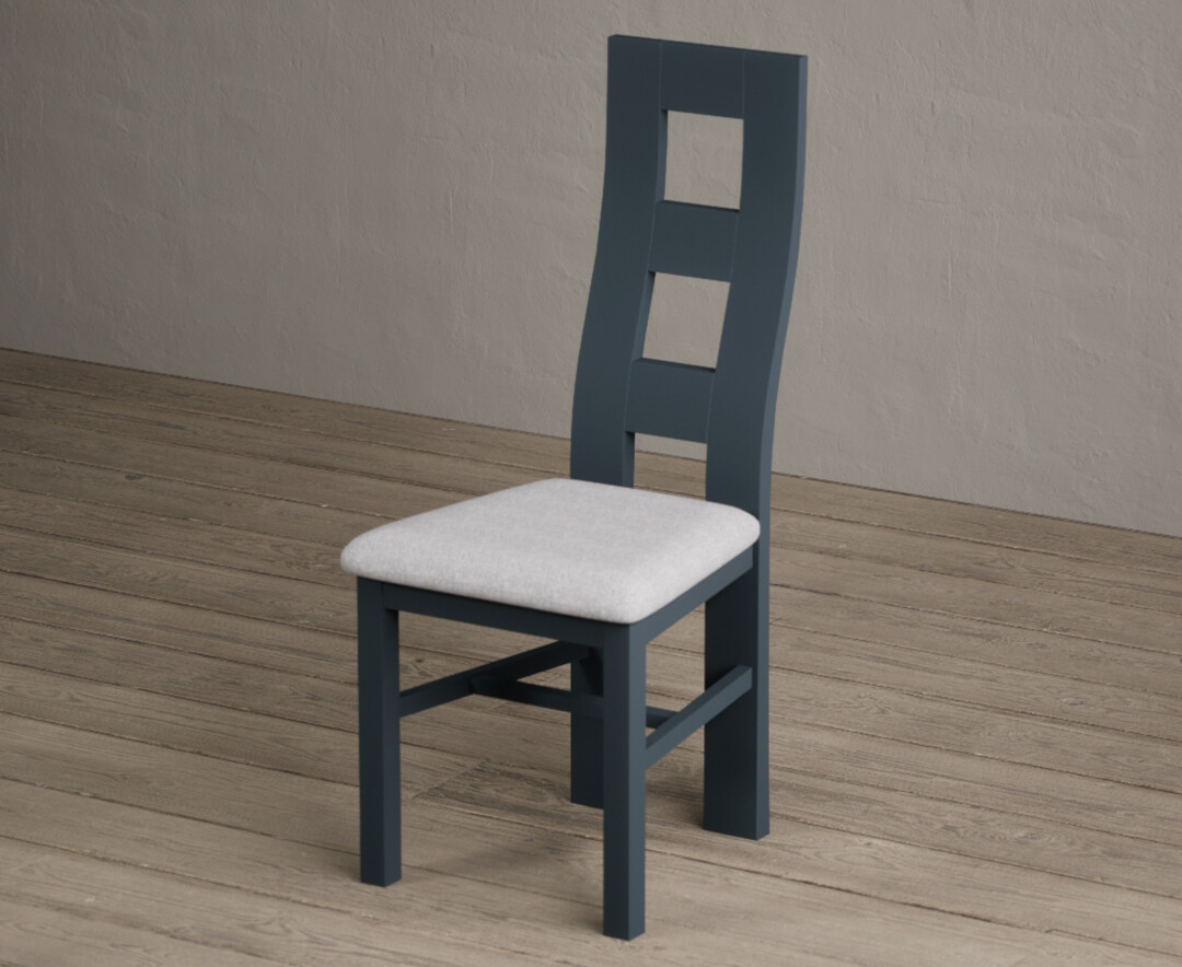 Photo 2 of Painted dark blue flow back dining chairs with light grey fabric seat pad