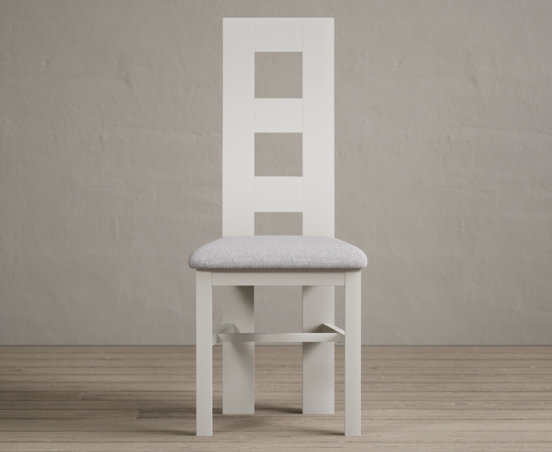 Product photograph of Painted Chalk White Flow Back Dining Chairs With Light Grey Fabric Seat Pad from Oak Furniture Superstore