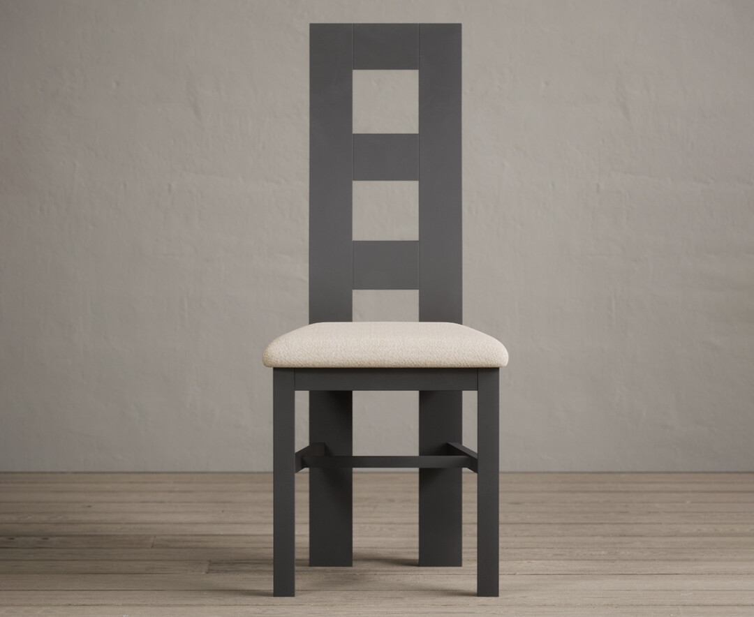 Painted Charcoal Grey Flow Back Dining Chairs With Linen Fabric Seat Pad