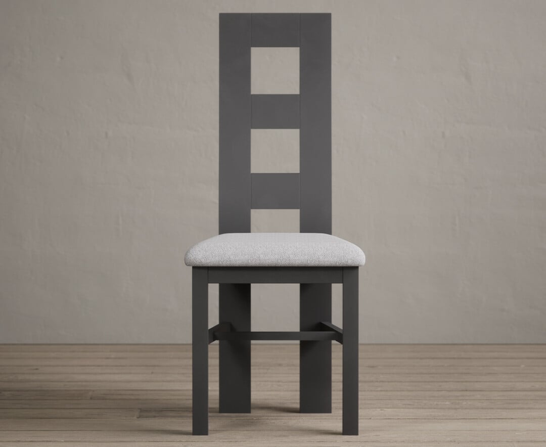 Painted Charcoal Grey Flow Back Dining Chairs With Light Grey Fabric Seat Pad