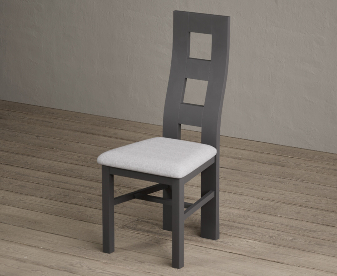 Photo 2 of Painted charcoal grey flow back dining chairs with light grey fabric seat pad