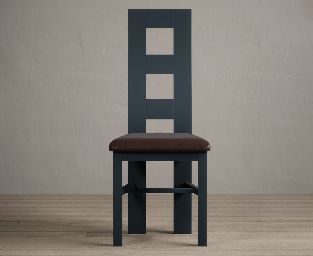 Product photograph of Painted Dark Blue Flow Back Dining Chairs With Brown Suede Seat Pad from Oak Furniture Superstore