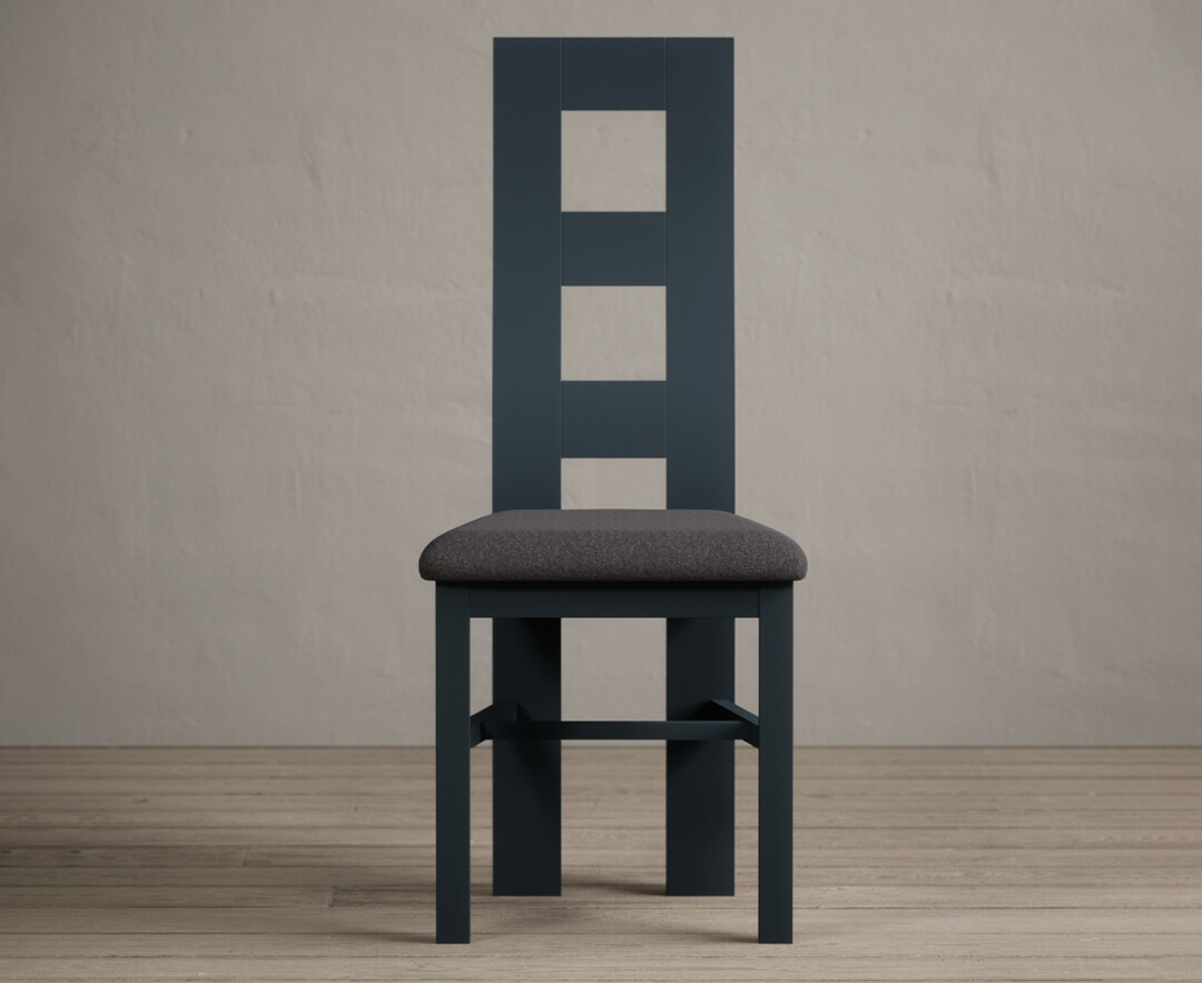 Painted Dark Blue Flow Back Dining Chairs With Charcoal Grey Fabric Seat Pad