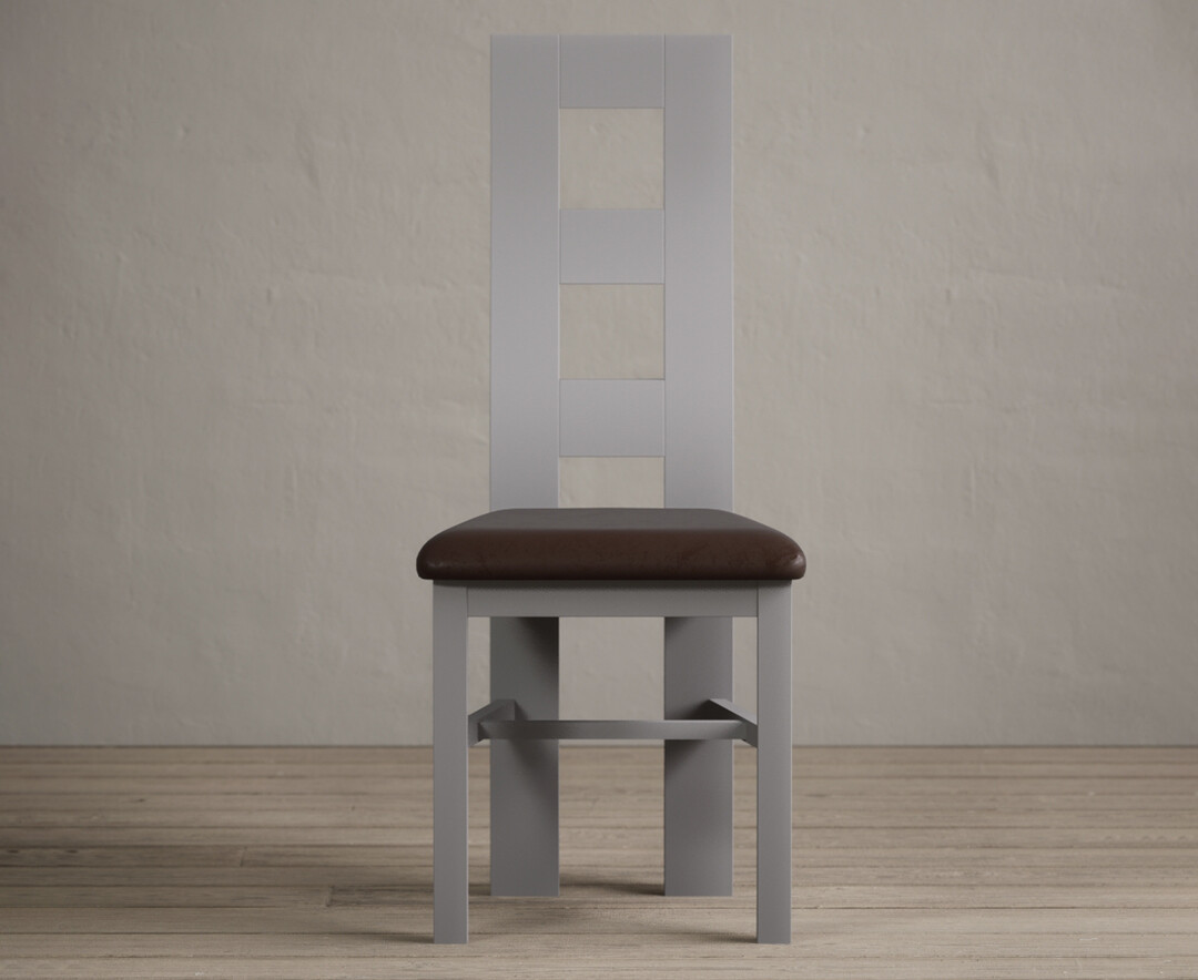 Painted Light Grey Flow Back Dining Chairs With Chocolate Brown Fabric Seat Pad