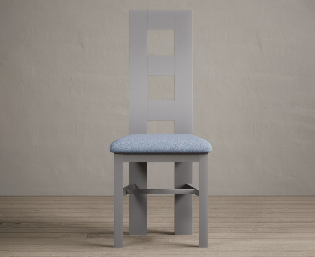 Product photograph of Painted Light Grey Flow Back Dining Chairs With Blue Fabric Seat Pad from Oak Furniture Superstore