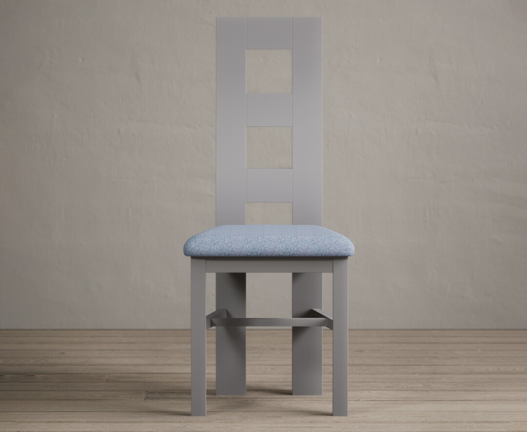 Painted Light Grey Flow Back Dining Chairs With Sky Blue Fabric Seat Pad