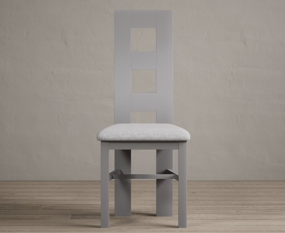 Painted Light Grey Flow Back Dining Chairs With Light Grey Fabric Seat Pad