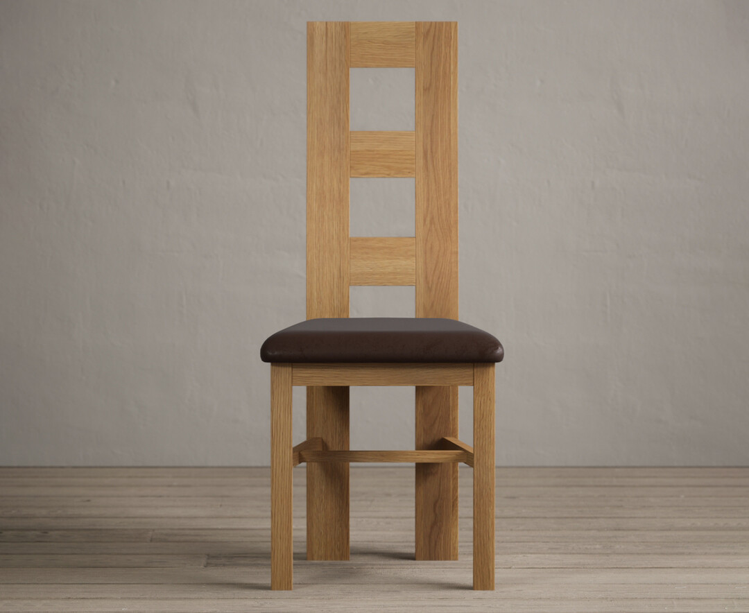 Natural Solid Oak Flow Back Dining Chairs With Chocolate Brown Fabric Seat Pad