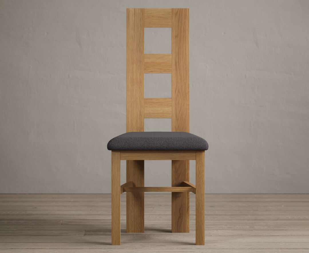Natural Solid Oak Flow Back Dining Chairs With Charcoal Grey Fabric Seat Pad