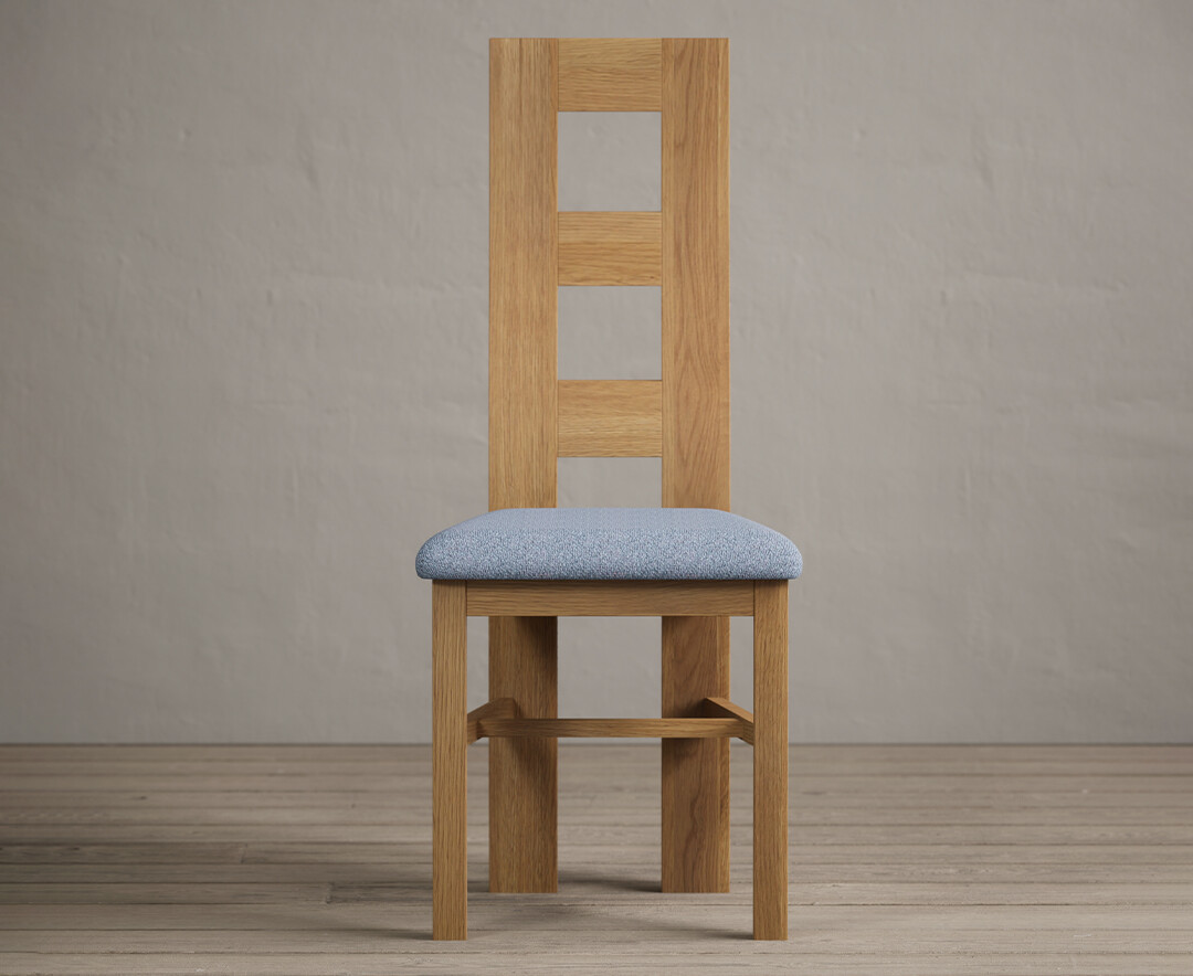 Product photograph of Natural Solid Oak Flow Back Dining Chairs With Blue Fabric Seat Pad from Oak Furniture Superstore