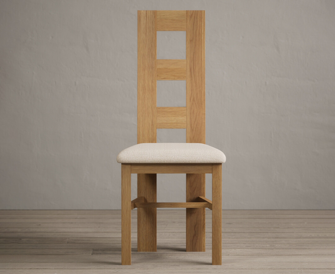Natural Solid Oak Flow Back Dining Chairs With Linen Seat Pad