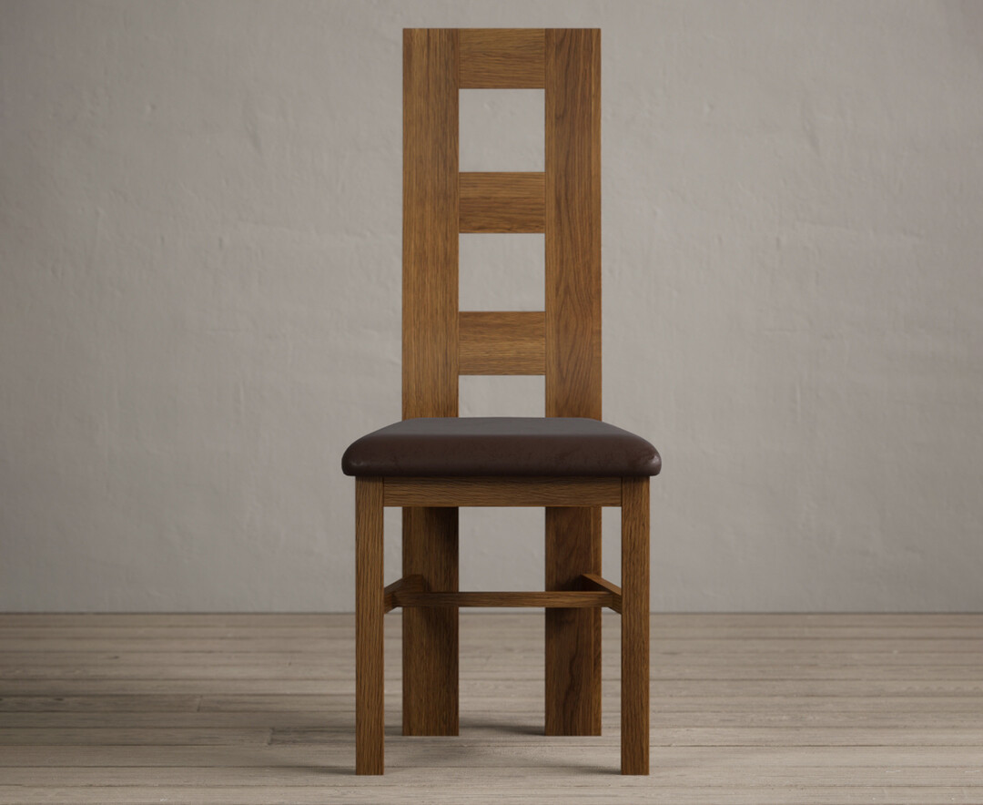 Rustic Solid Oak Flow Back Dining Chairs With Chocolate Brown Fabric Seat Pad