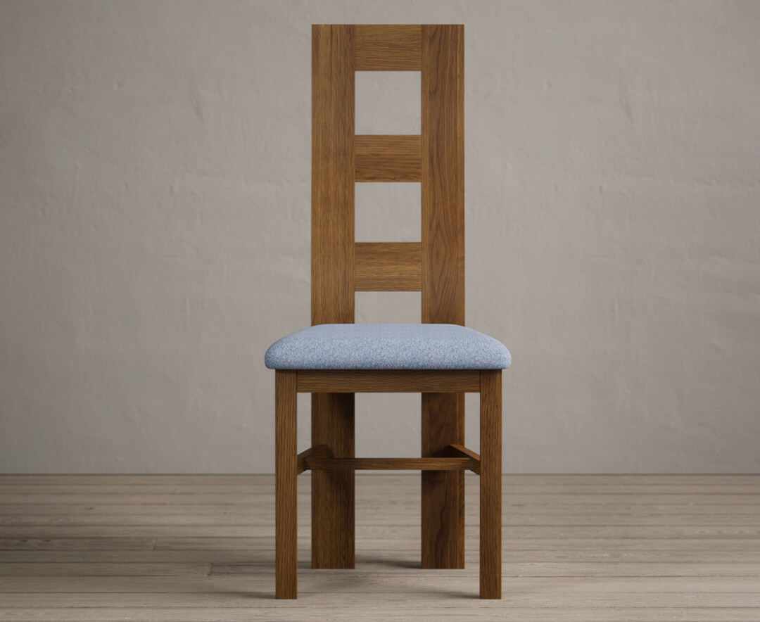 Product photograph of Rustic Solid Oak Flow Back Dining Chairs With Blue Fabric Seat Pad from Oak Furniture Superstore
