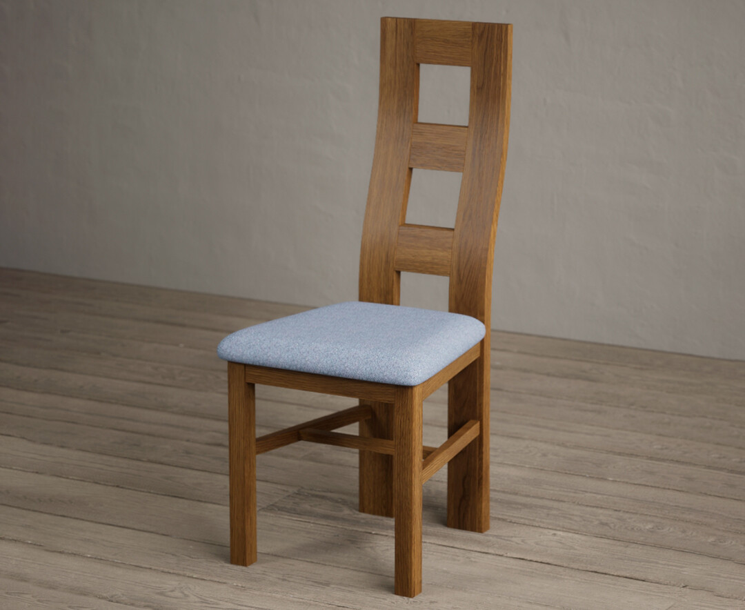 Photo 2 of Rustic solid oak flow back dining chairs with blue fabric seat pad