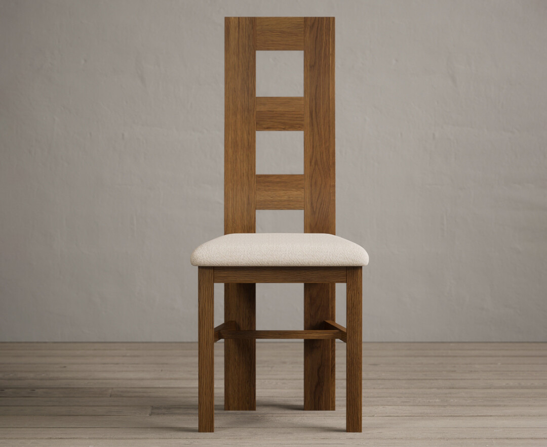 Product photograph of Rustic Solid Oak Flow Back Dining Chairs With Linen Fabric Seat Pad from Oak Furniture Superstore