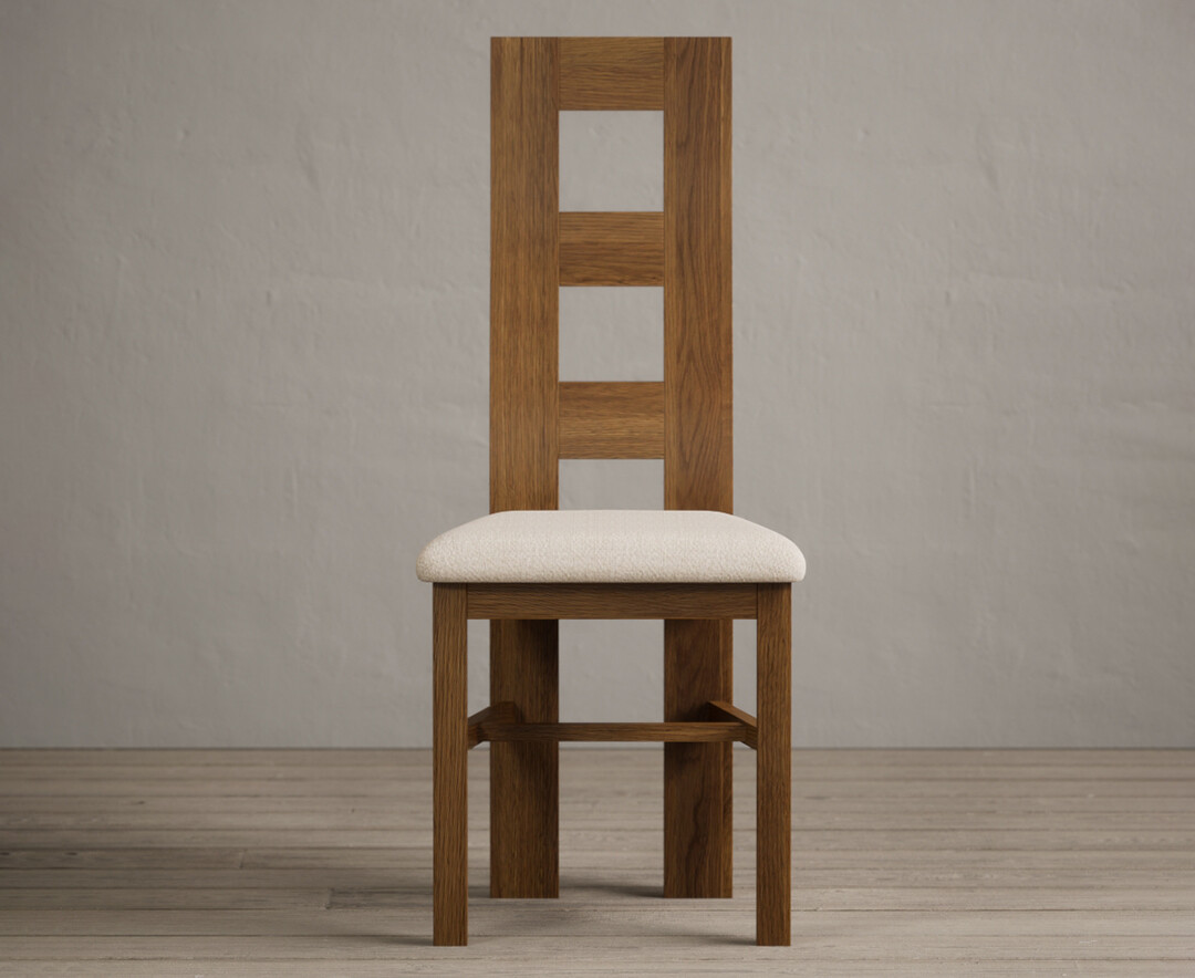 Rustic Solid Oak Flow Back Dining Chairs With Linen Fabric Seat Pad