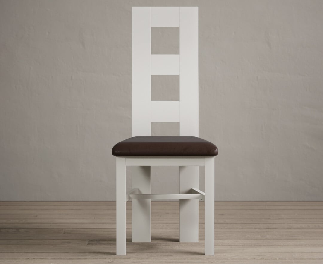 Painted Signal White Flow Back Dining Chairs With Chocolate Brown Fabric Seat Pad